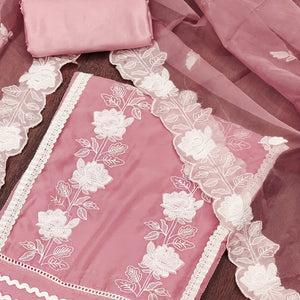 Onion Pink Floral Embroidery With Stonework Organza Dress Material