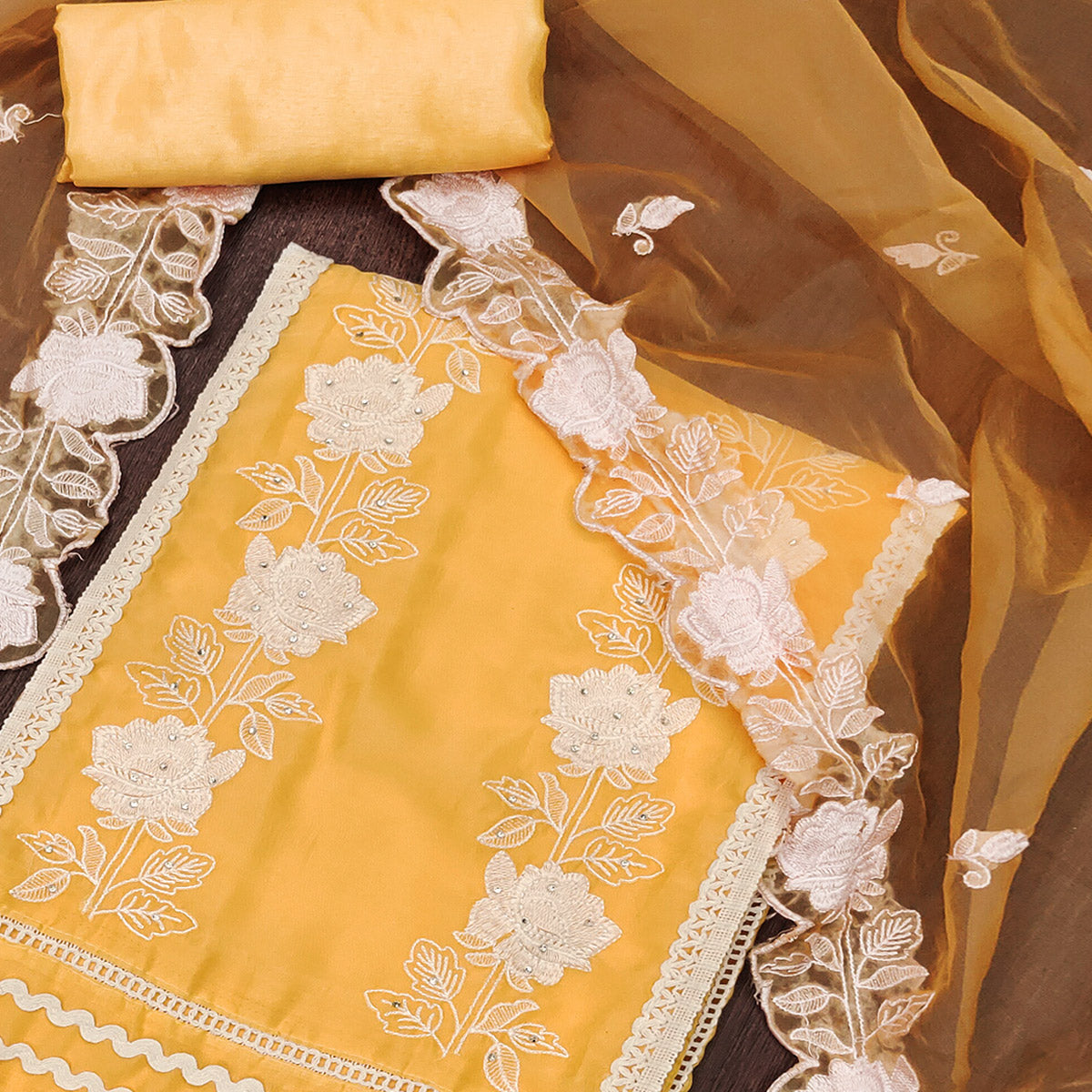 Yellow Floral Embroidery With Stonework Organza Dress Material