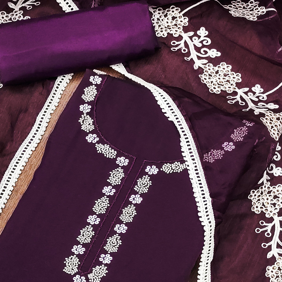 Purple Floral Sequins Embroidery With Handwork Cotton Silk Dress Material