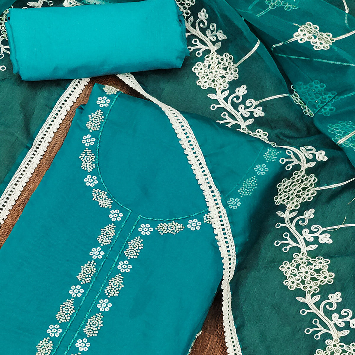 Rama Blue Floral Sequins Embroidery With Handwork Cotton Silk Dress Material