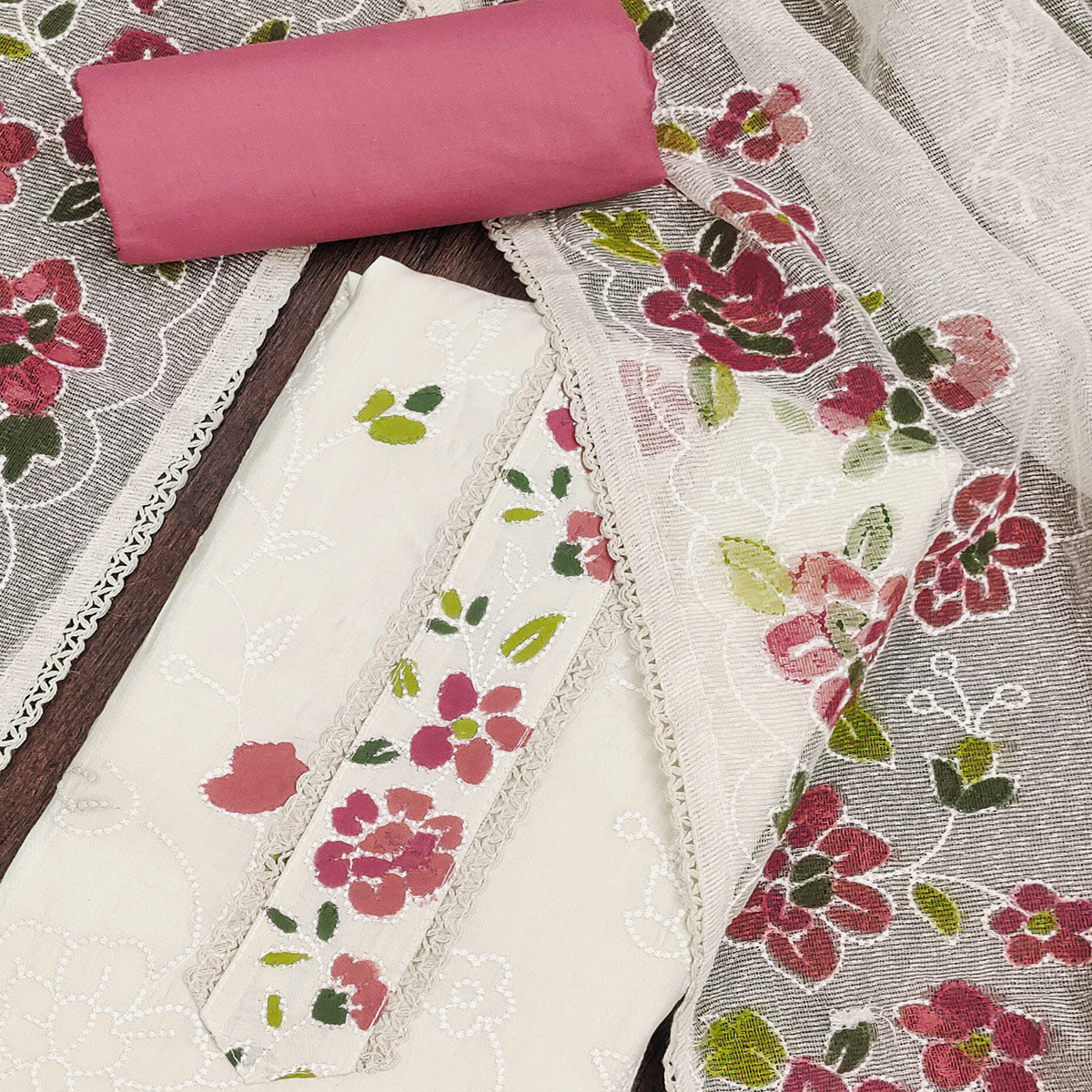 Offwhite & Pink Floral Embroidery With Printed Roman Cotton Silk Material Material