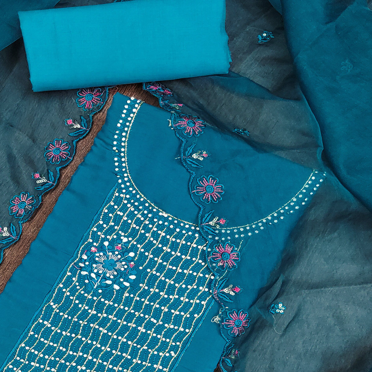 Blue Floral Embroidery With Handwork Roman Cotton Silk Material Material