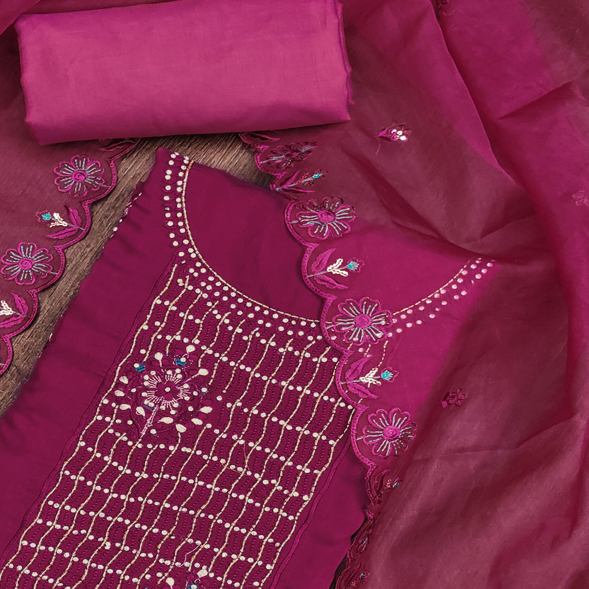 Magenta Floral Embroidery With Handwork Roman Cotton Silk Material Material