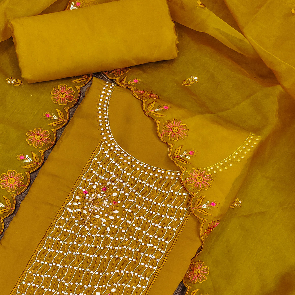 Mustard Floral Embroidery With Handwork Roman Cotton Silk Material Material