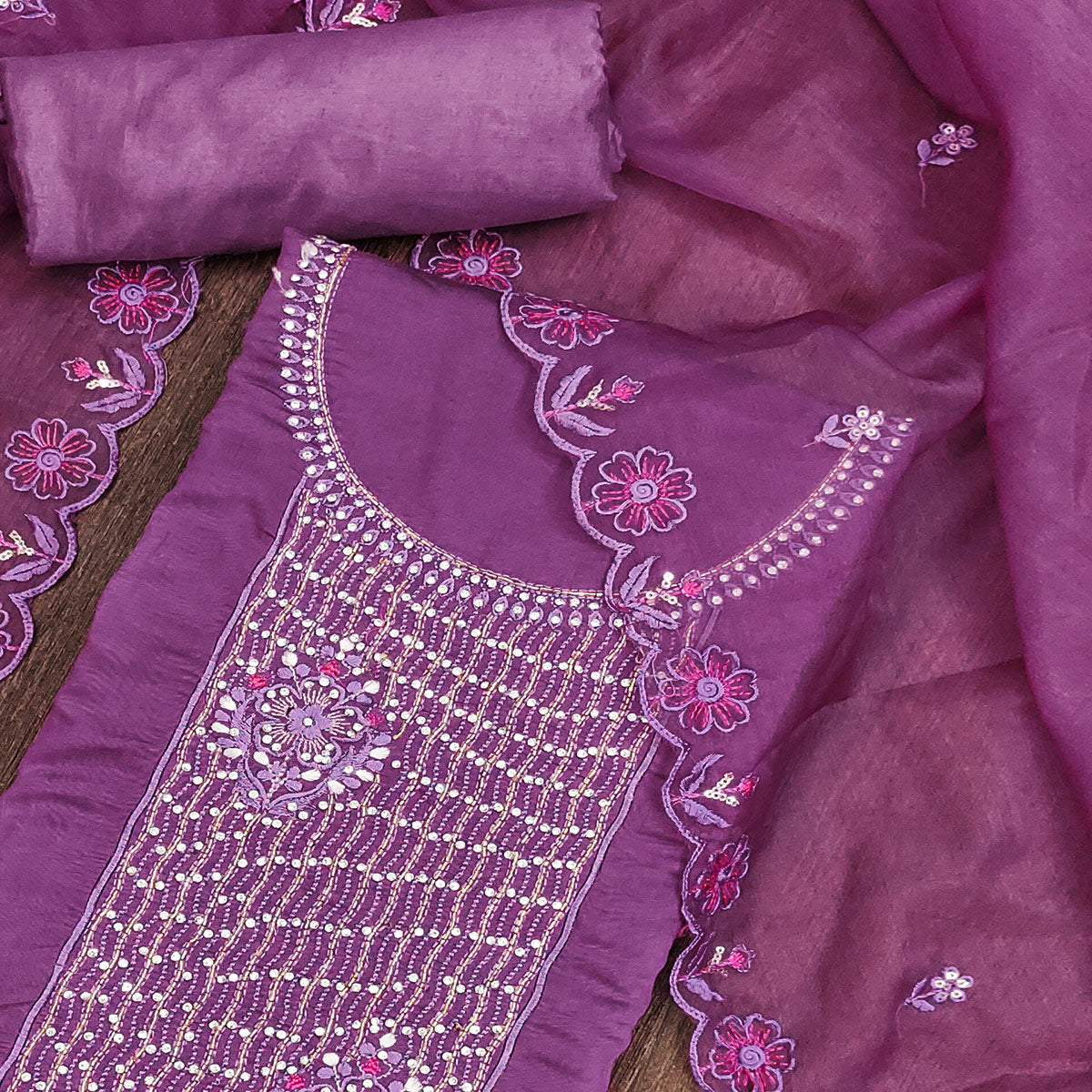 Purple Floral Embroidery With Handwork Roman Cotton Silk Material Material