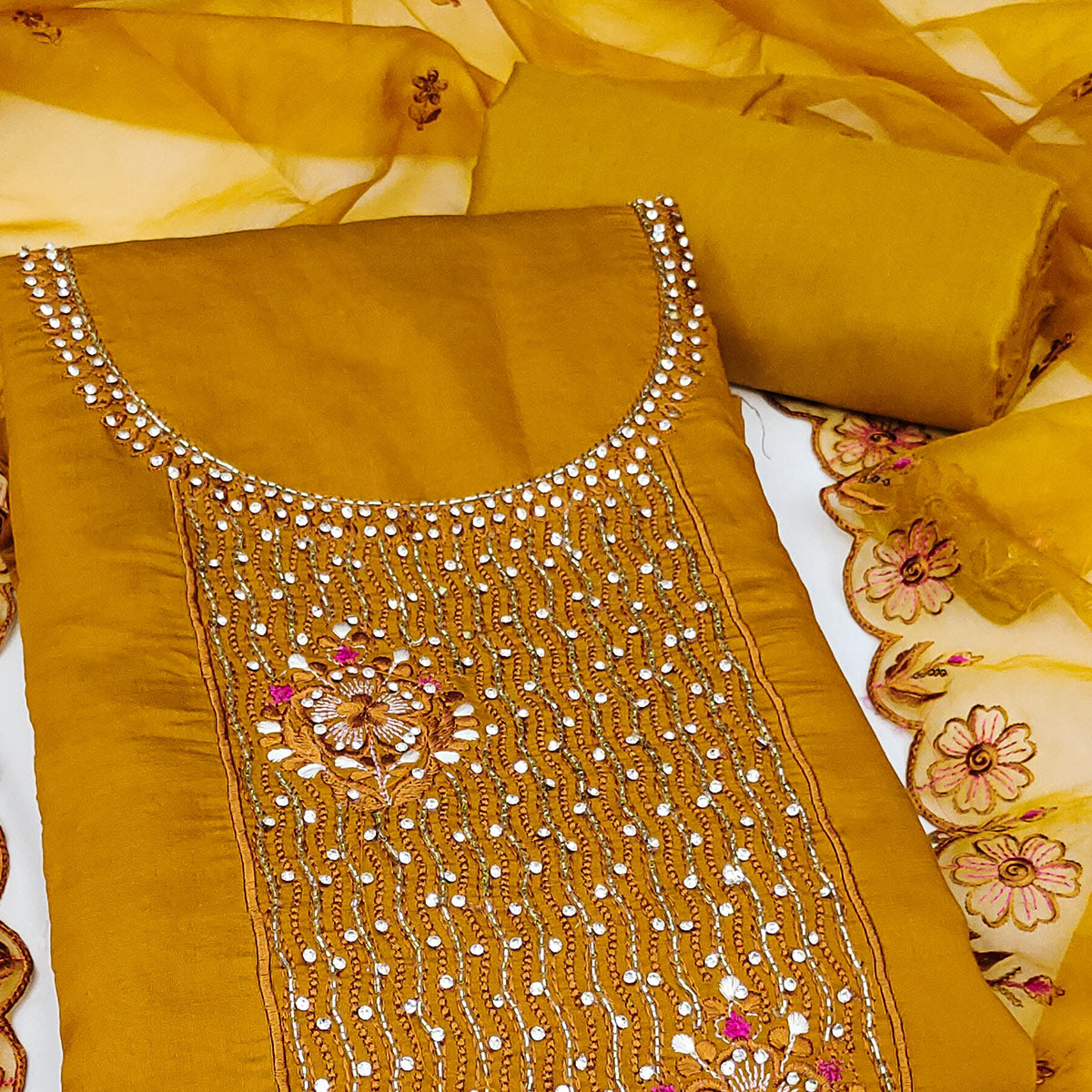 Mustard Floral Embroidery With Stonework Cotton Silk Dress Material