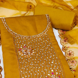 Mustard Floral Embroidery With Stonework Cotton Silk Dress Material
