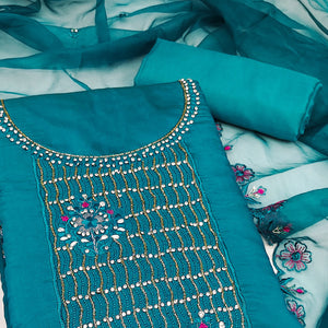 Teal Floral Embroidery With Stonework Cotton Silk Dress Material
