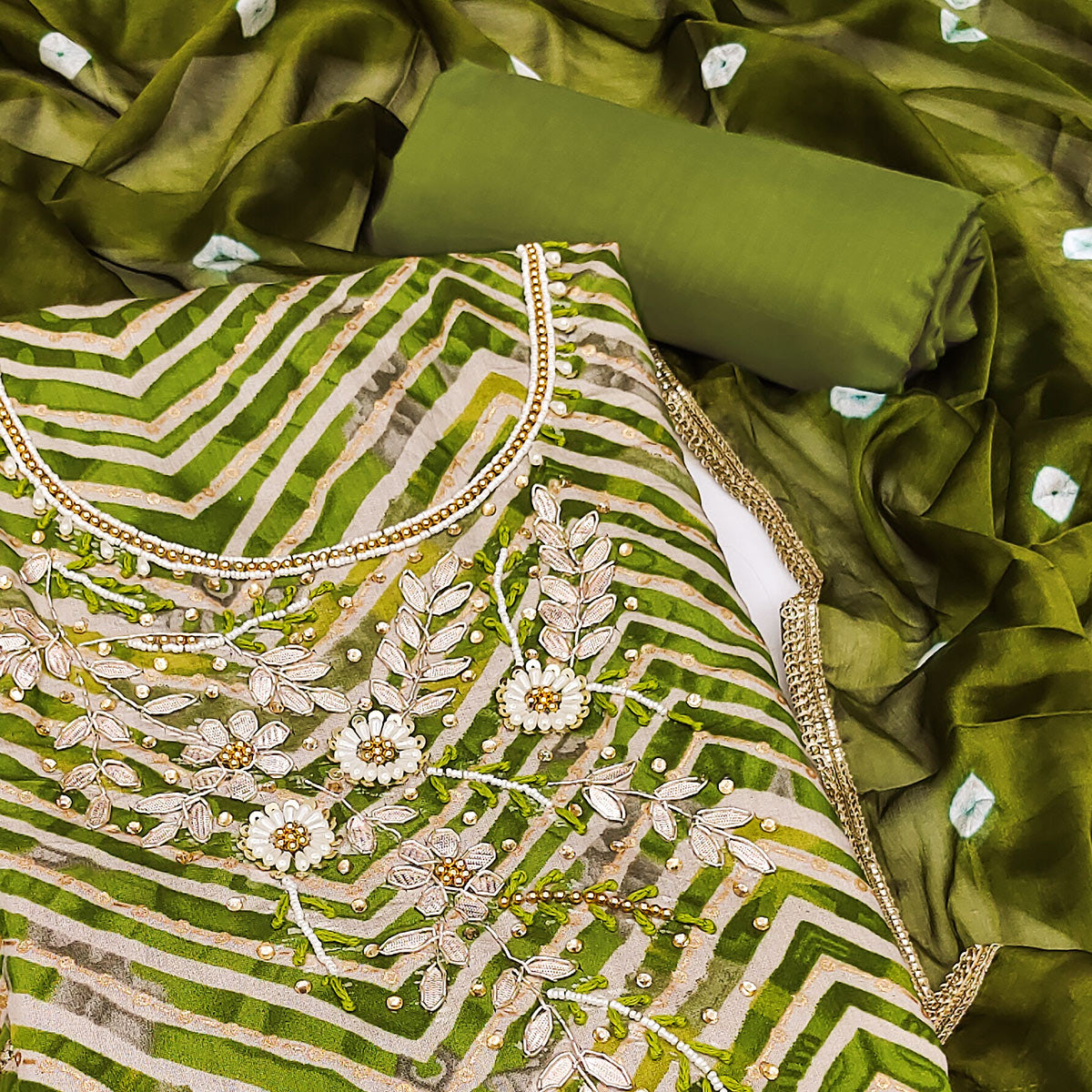 Green Zig Zag Printed With Floral Handwork Roman Cotton Silk Dress Material