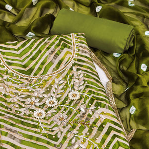 Green Zig Zag Printed With Floral Handwork Roman Cotton Silk Dress Material