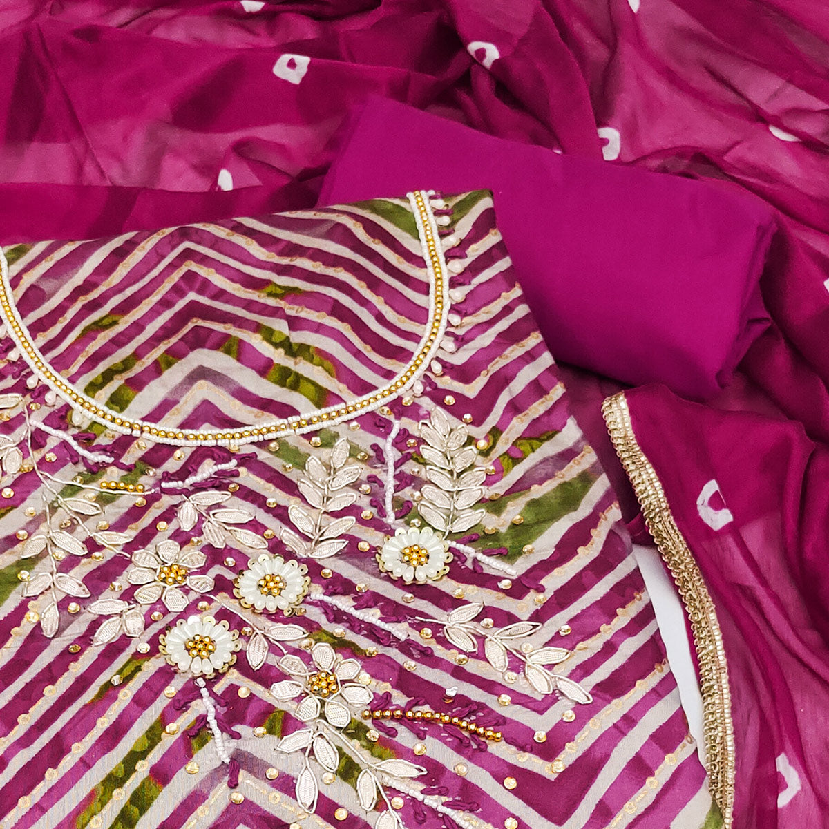 Magenta Zig Zag Printed With Floral Handwork Roman Cotton Silk Dress Material