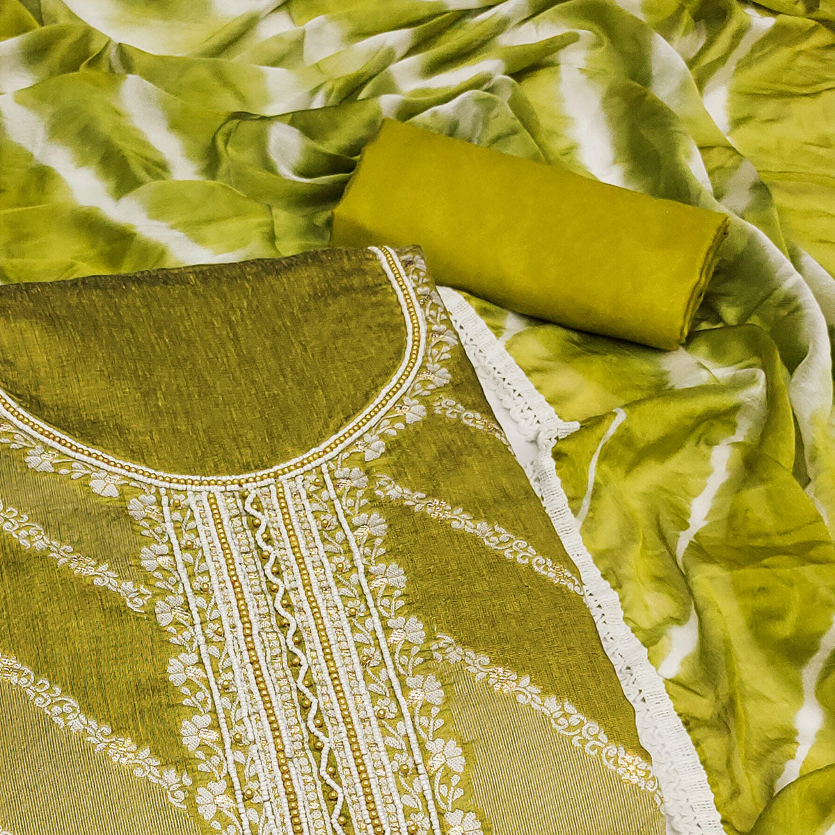 Green Floral Woven With Handwork Banarasi Silk Dress Material