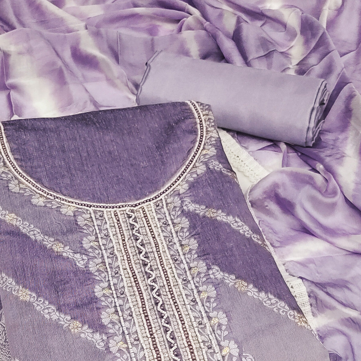 Lavender Floral Woven With Handwork Banarasi Silk Dress Material