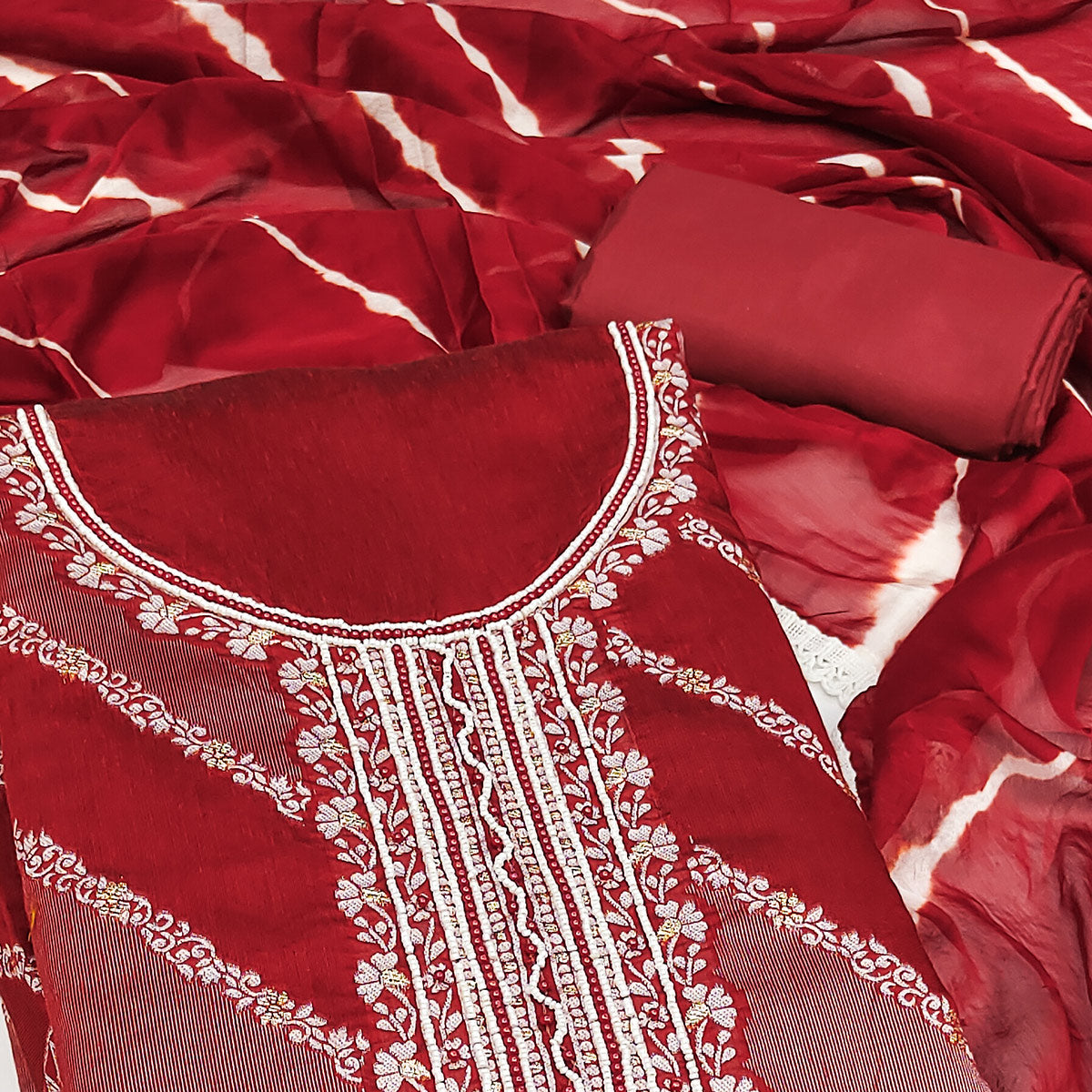 Red Floral Woven With Handwork Banarasi Silk Dress Material