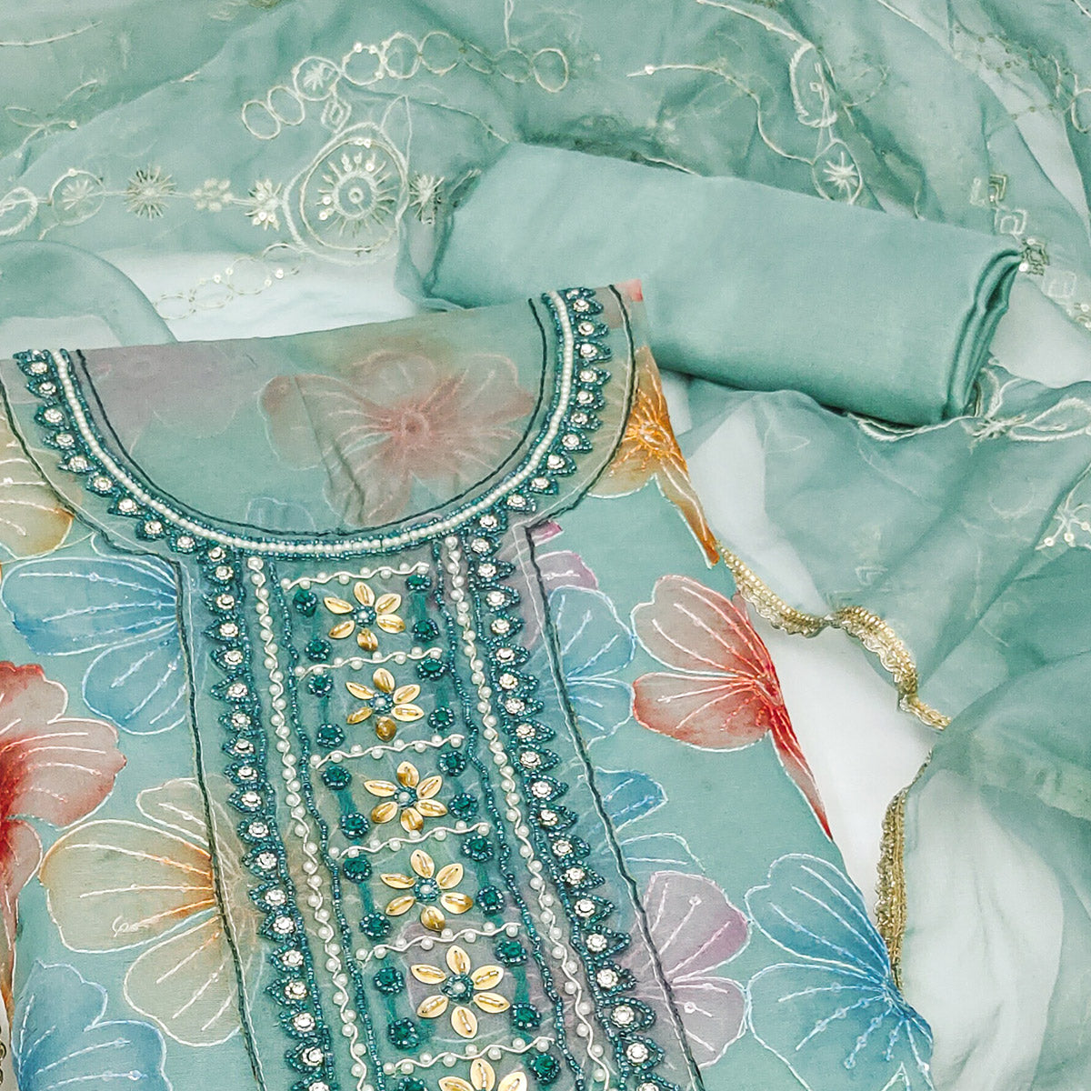 Turquoise Floral Sequins Embroidery With Handwork Organza Dress Material