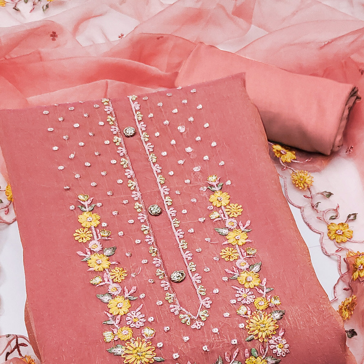 Peach Floral Sequins Embroidered Viscose Dress Material