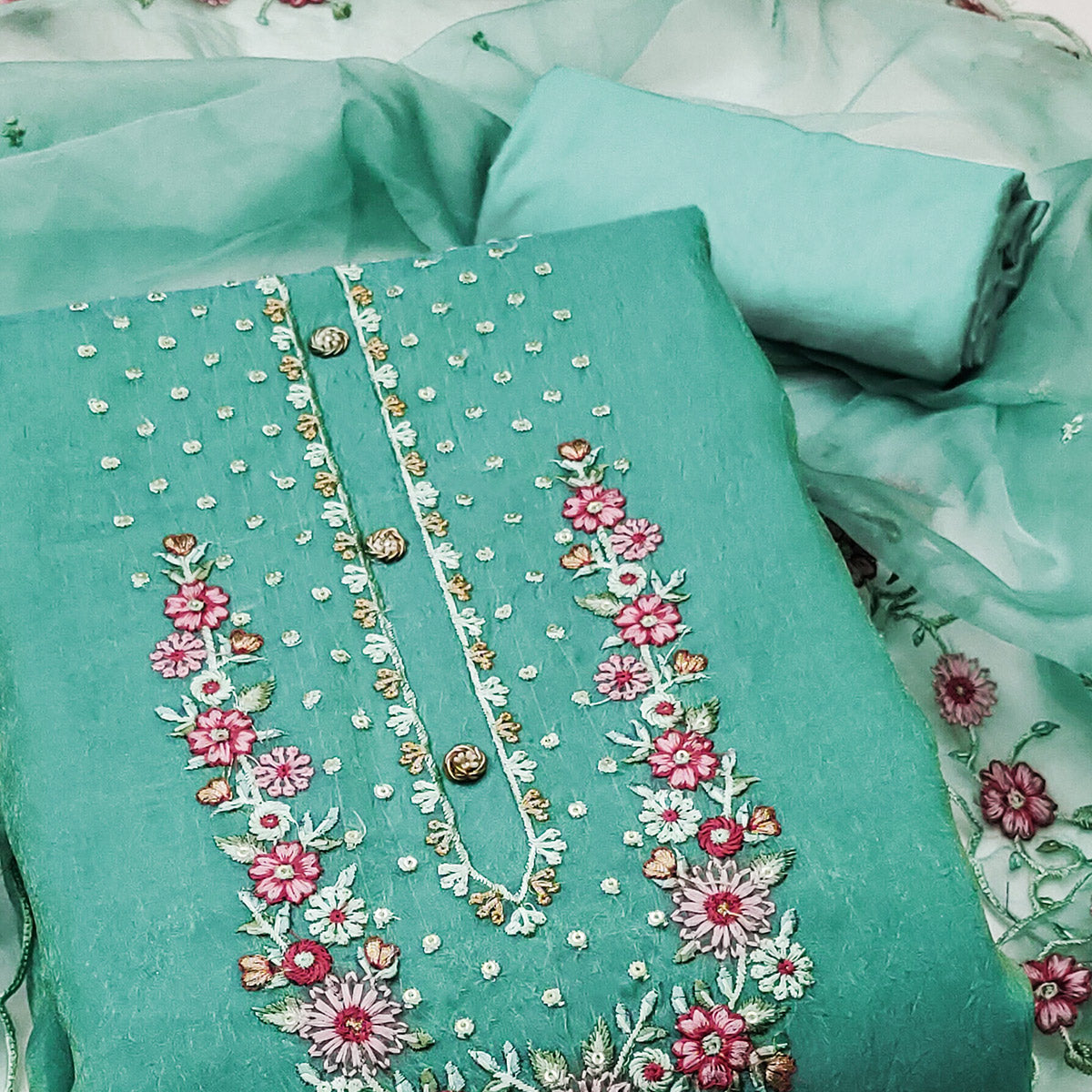 Turquoise Floral Sequins Embroidered Viscose Dress Material