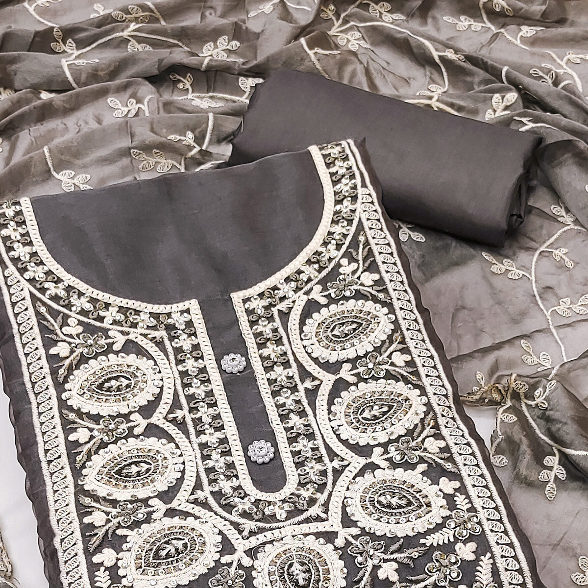 Dark Grey Floral Sequins Embroidered Organza Dress Material