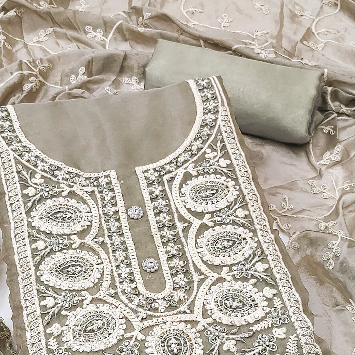 Light Grey Floral Sequins Embroidered Organza Dress Material