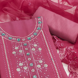 Pink Floral Embroidery With Stonework Roman Cotton Silk Dress Material