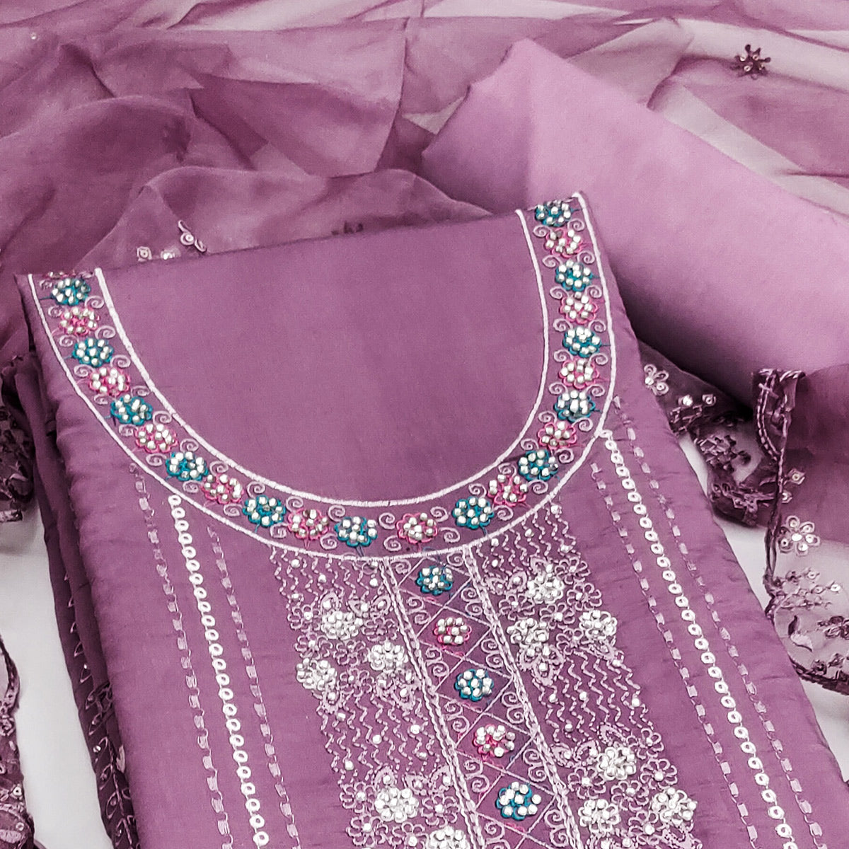 Purple Floral Embroidery With Stonework Roman Cotton Silk Dress Material