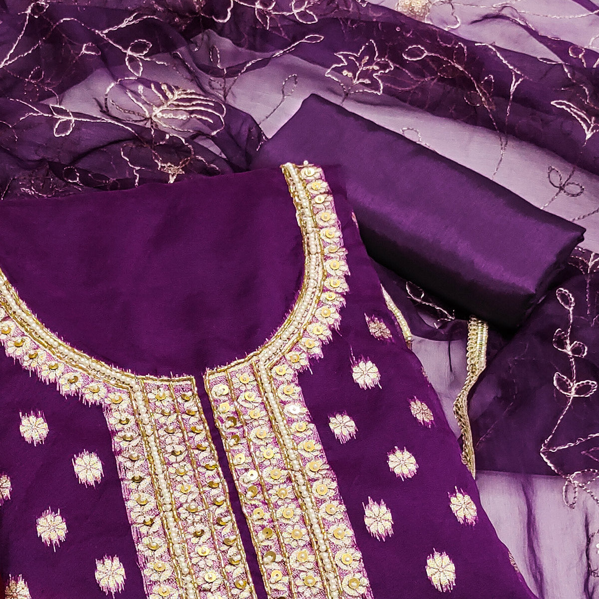 Purple Floral Woven With Handwork Organza Banarasi Dress Material