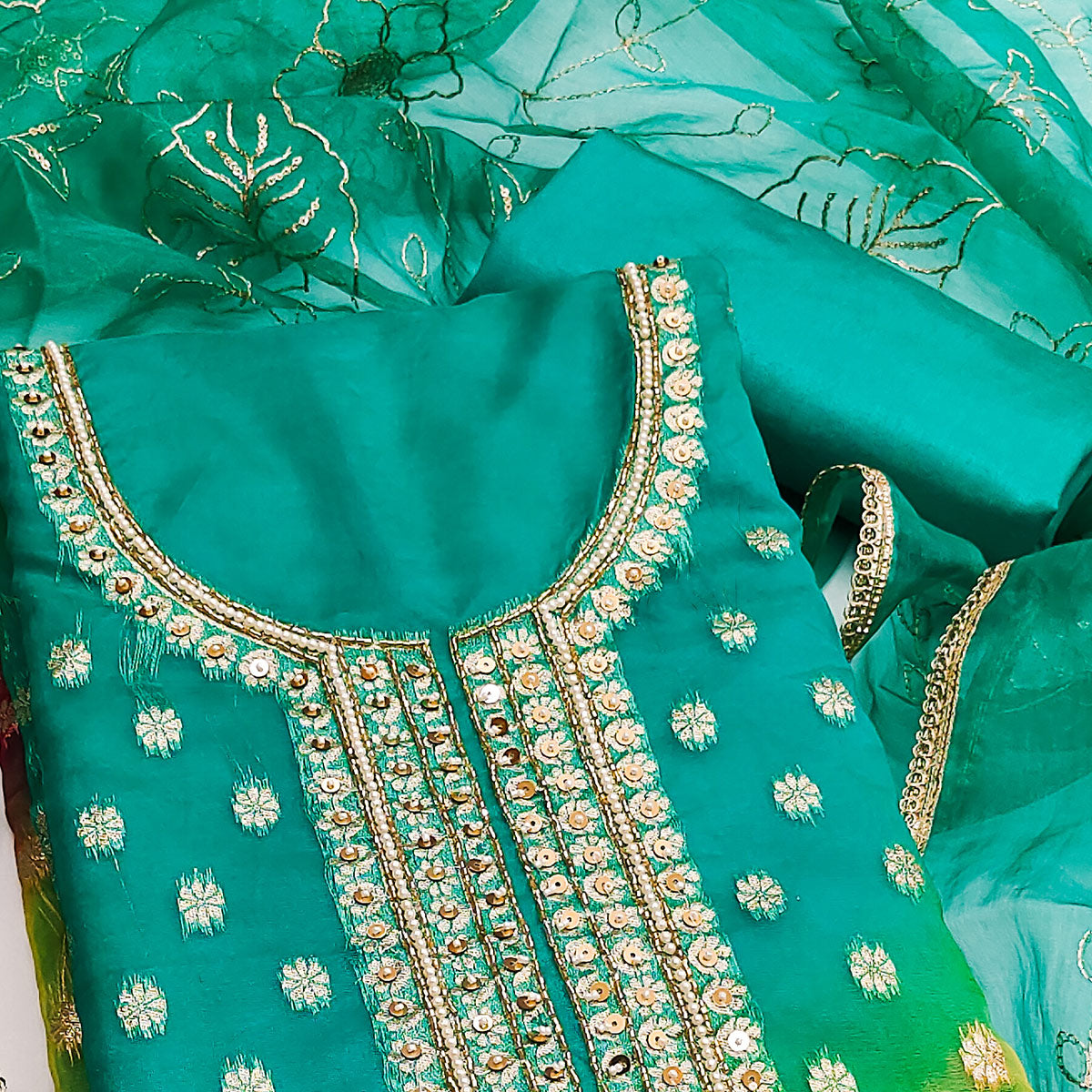 Rama Green Floral Woven With Handwork Organza Banarasi Dress Material