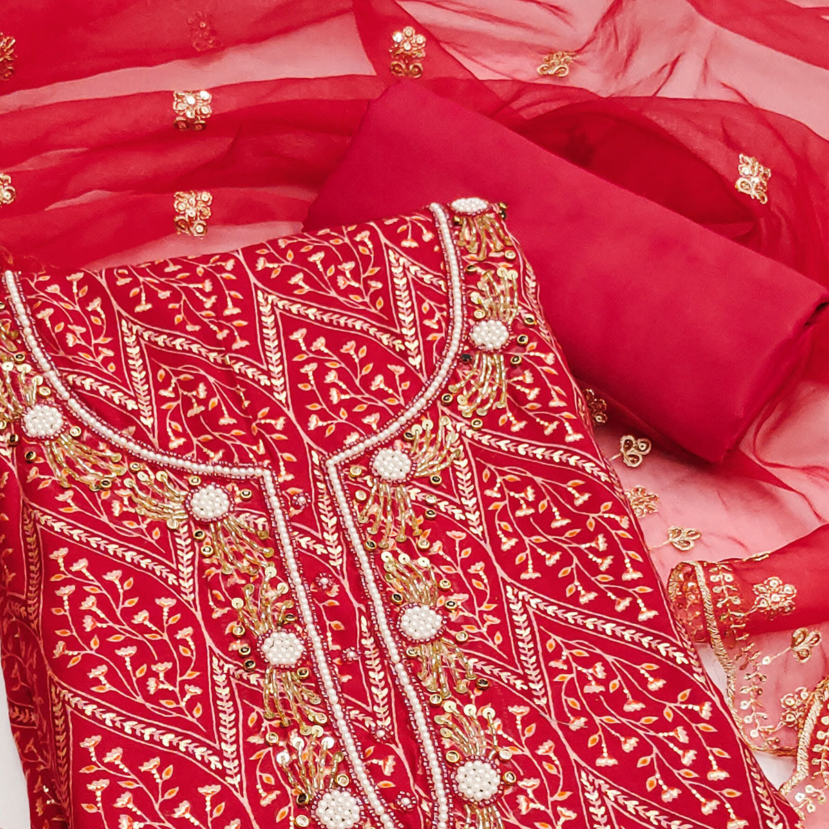 Red Foil Printed With Handwork Cotton Roman Silk Dress Material