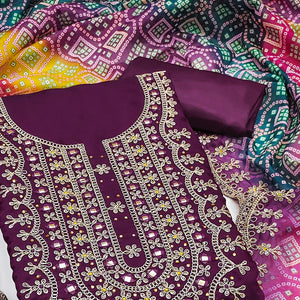 Wine Floral Embroidery With Stonework Roman Cotton Silk Dress Material