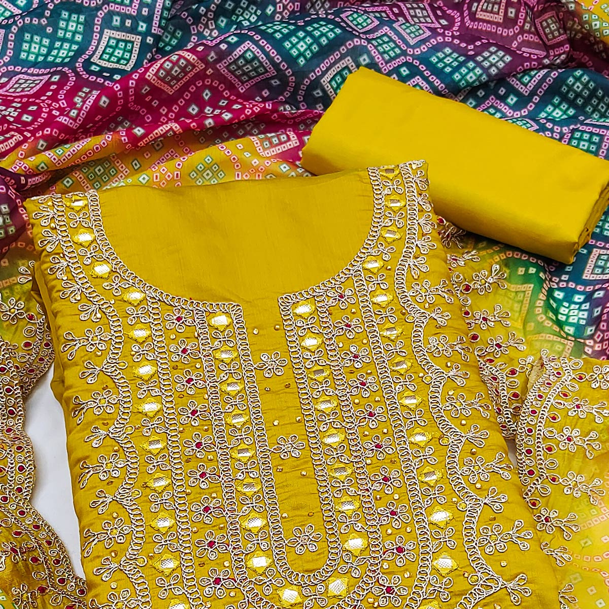 Yellow Floral Embroidery With Stonework Roman Cotton Silk Dress Material