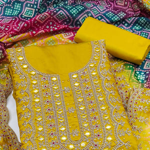 Yellow Floral Embroidery With Stonework Roman Cotton Silk Dress Material