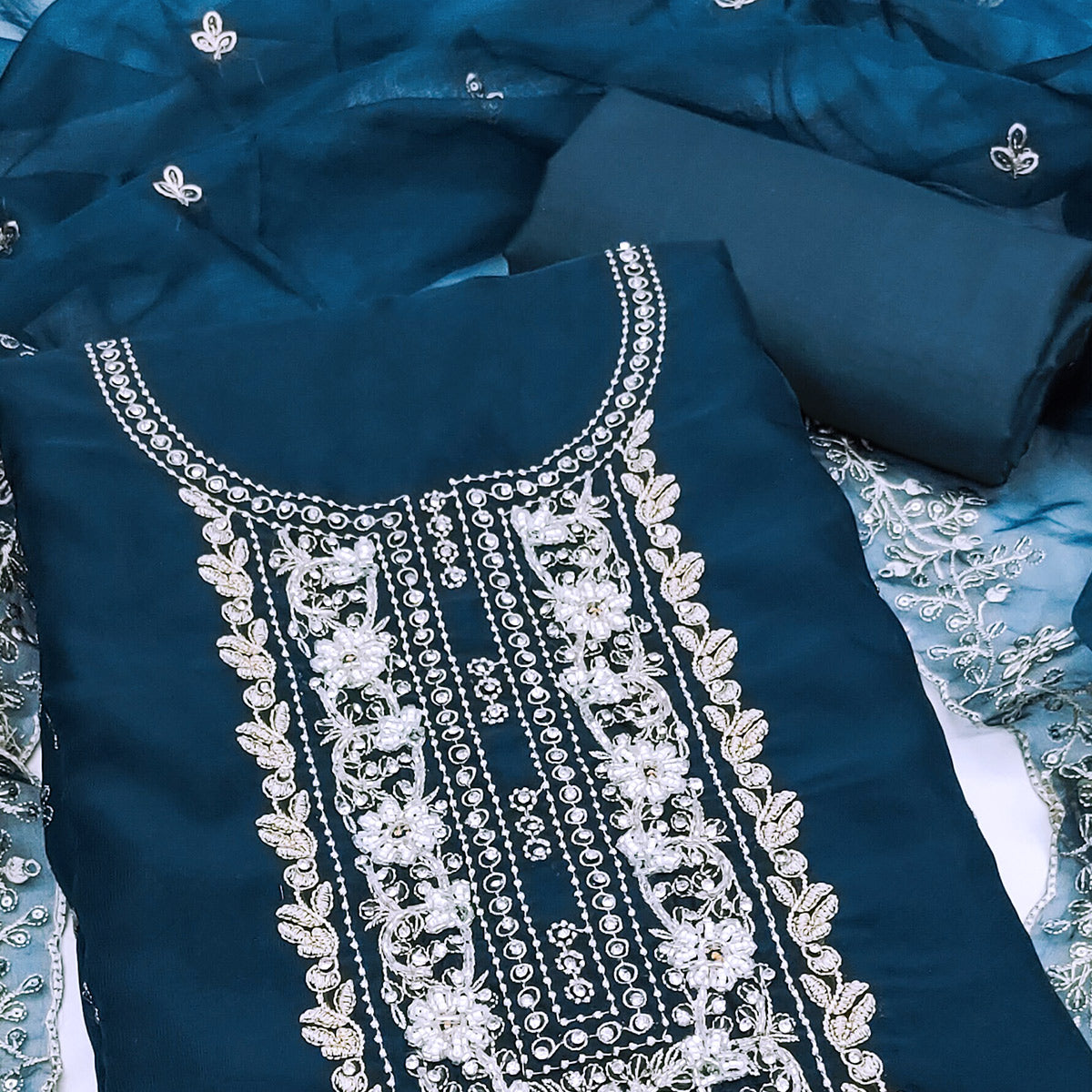 Morpich Floral Handwork Embroidery Viscose Organza Dress Material