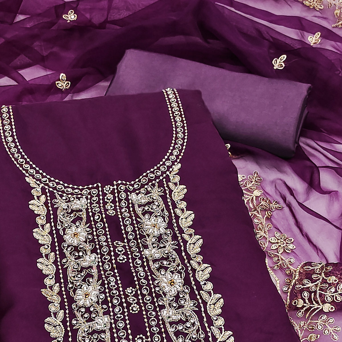 Wine Floral Handwork Embroidery Viscose Organza Dress Material