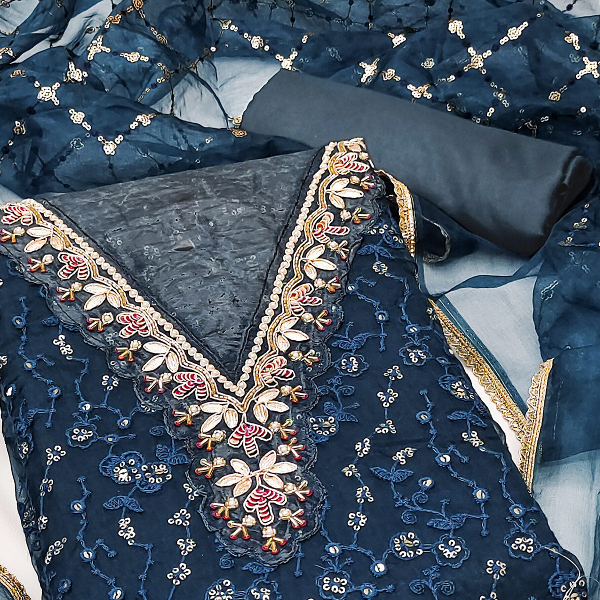 Blue Floral Sequins Embroidery With Handwork Organza Dress Material