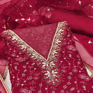 Pink Floral Sequins Embroidery With Handwork Organza Dress Material