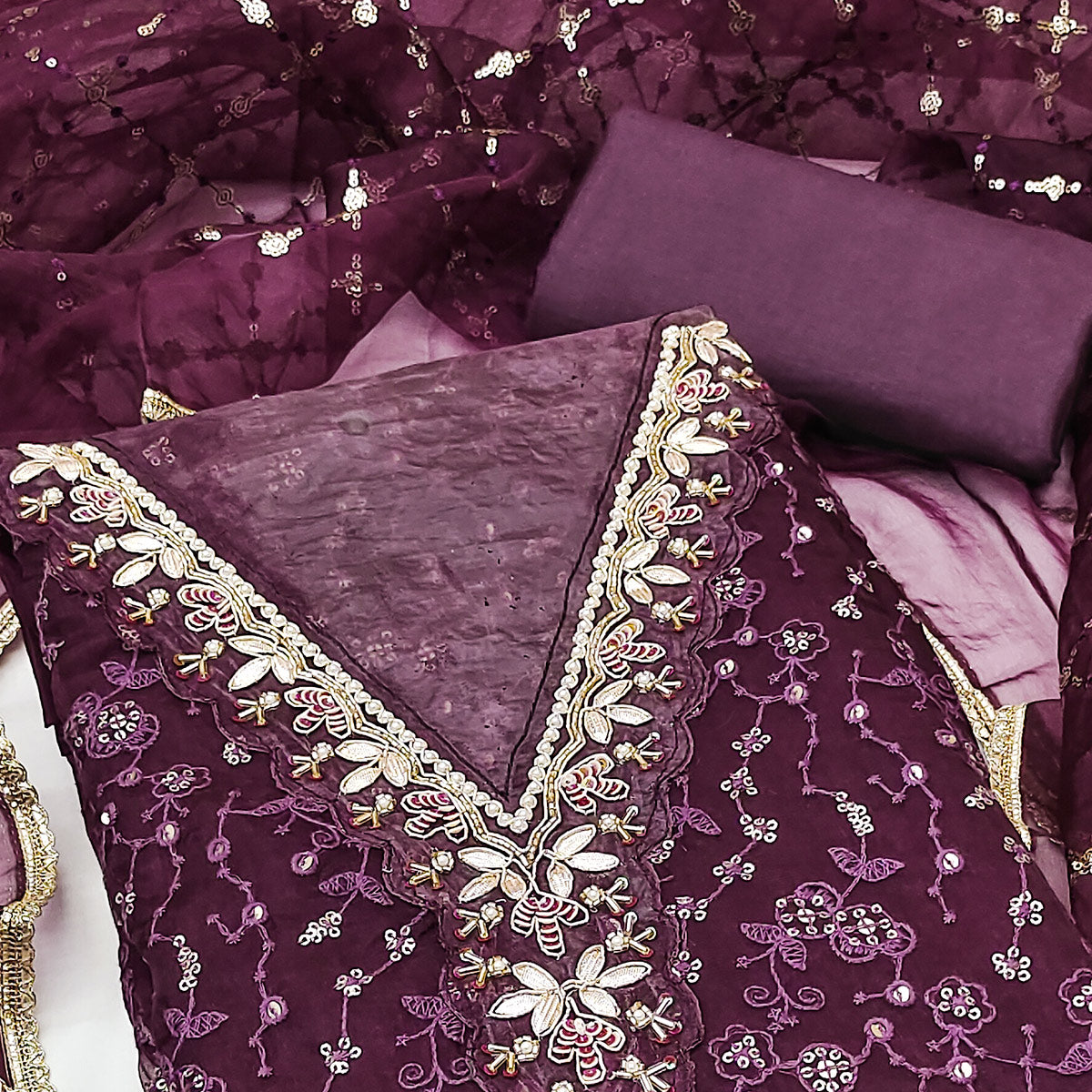 Wine Floral Sequins Embroidery With Handwork Organza Dress Material