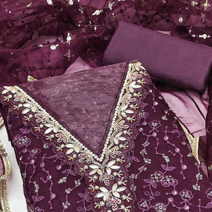 Wine Floral Sequins Embroidery With Handwork Organza Dress Material