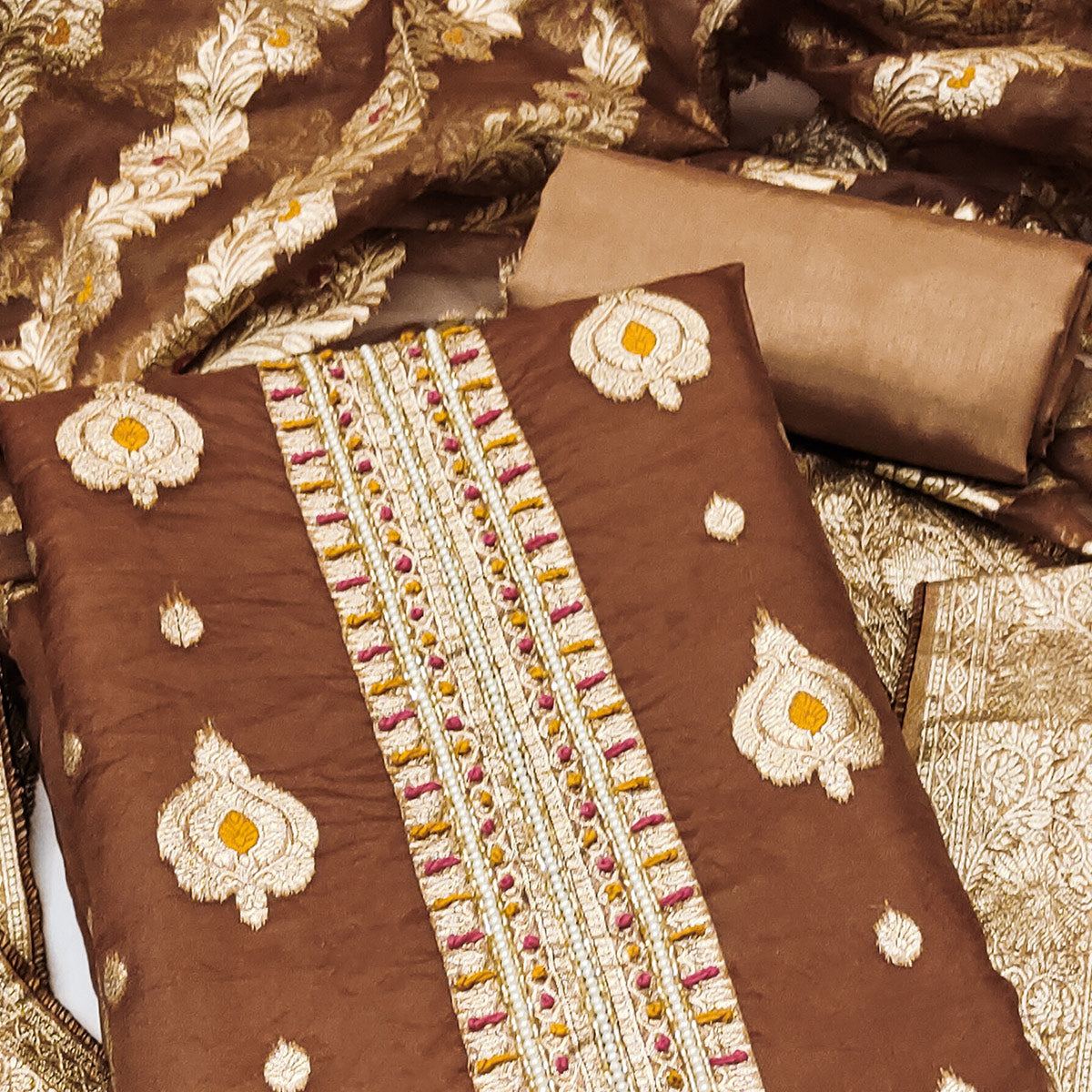 Brown Woven With Handwork Organza Banarasi Dress Material