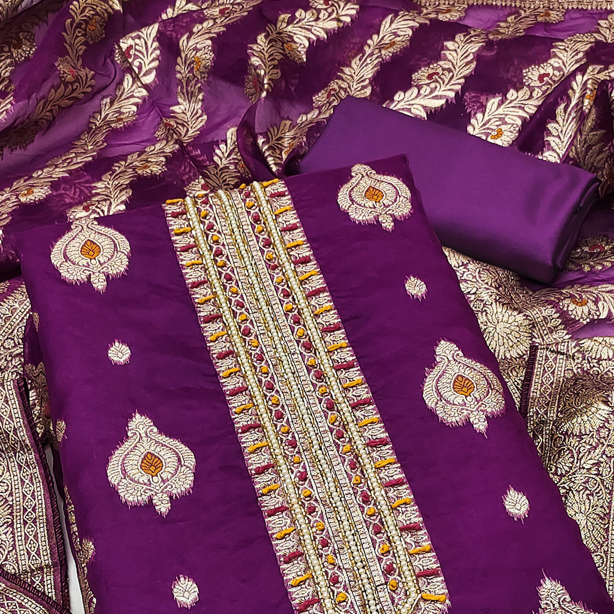 Purple Woven With Handwork Organza Banarasi Dress Material