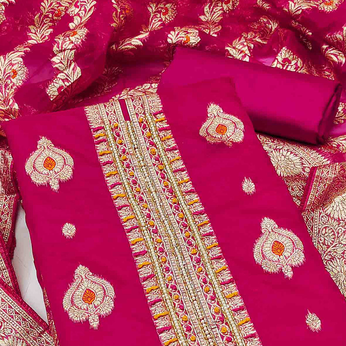 Rani Pink Woven With Handwork Organza Banarasi Dress Material