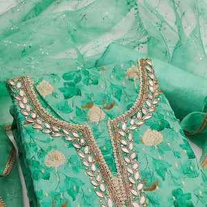 Sea Green Floral Woven With Handwork Viscose Banarasi Dress Material