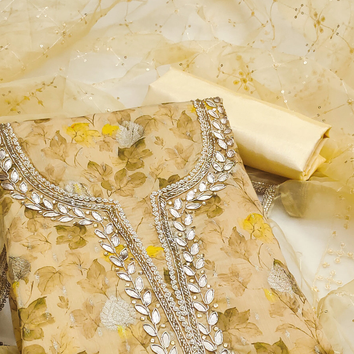 Yellow Floral Woven With Handwork Viscose Banarasi Dress Material