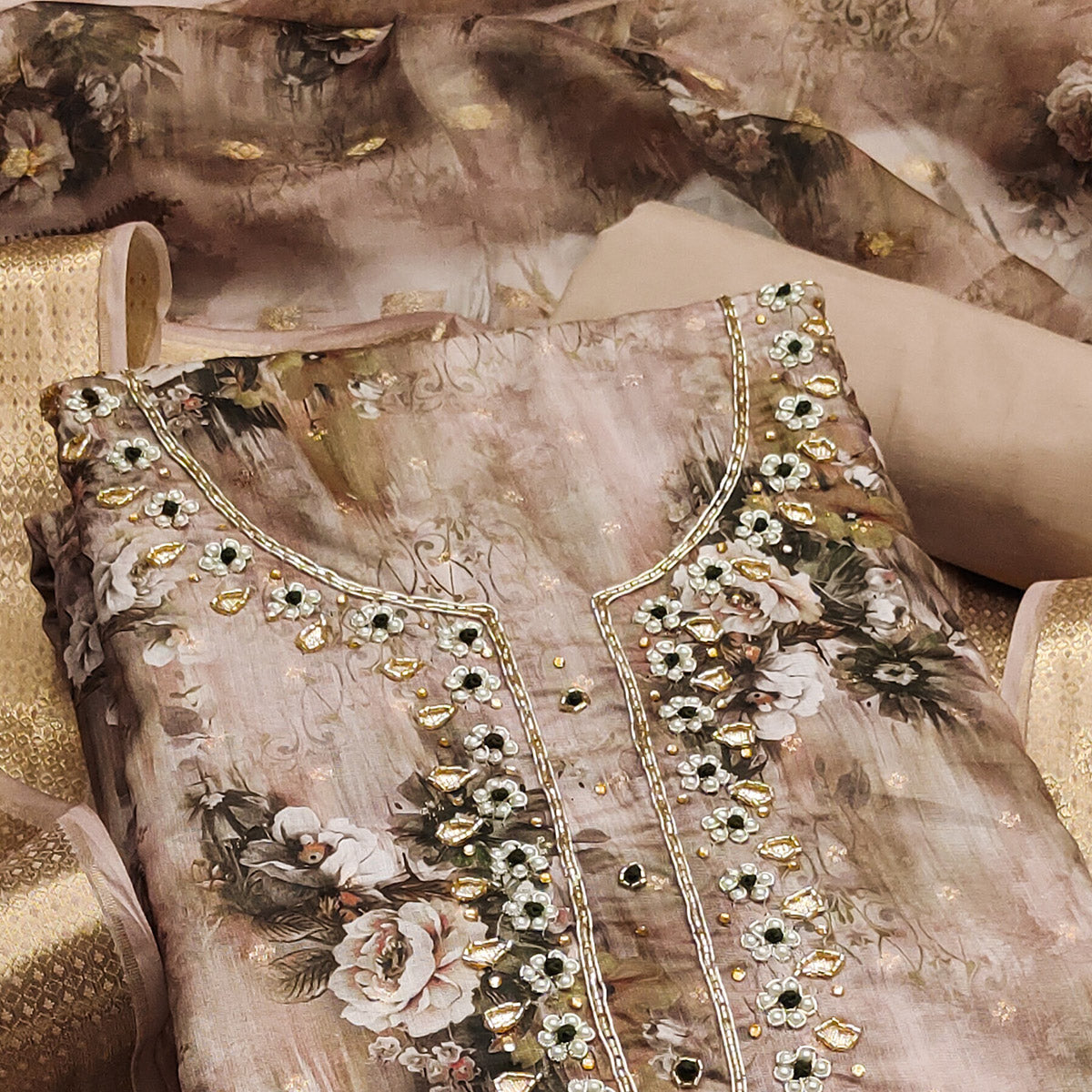 Brown Floral Printed With Handwork Muslin Dress Material
