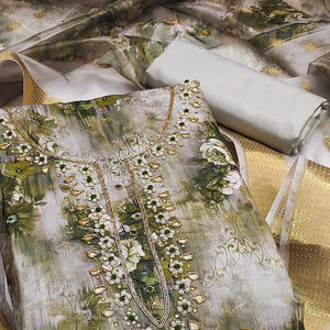 Green Floral Printed With Handwork Muslin Dress Material