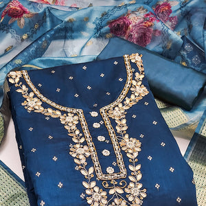 Blue Floral Moti With Gota Patti Handwork Banaarasi Silk Dress Material