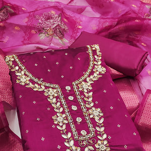 Magenta Floral Moti With Gota Patti Handwork Banaarasi Silk Dress Material