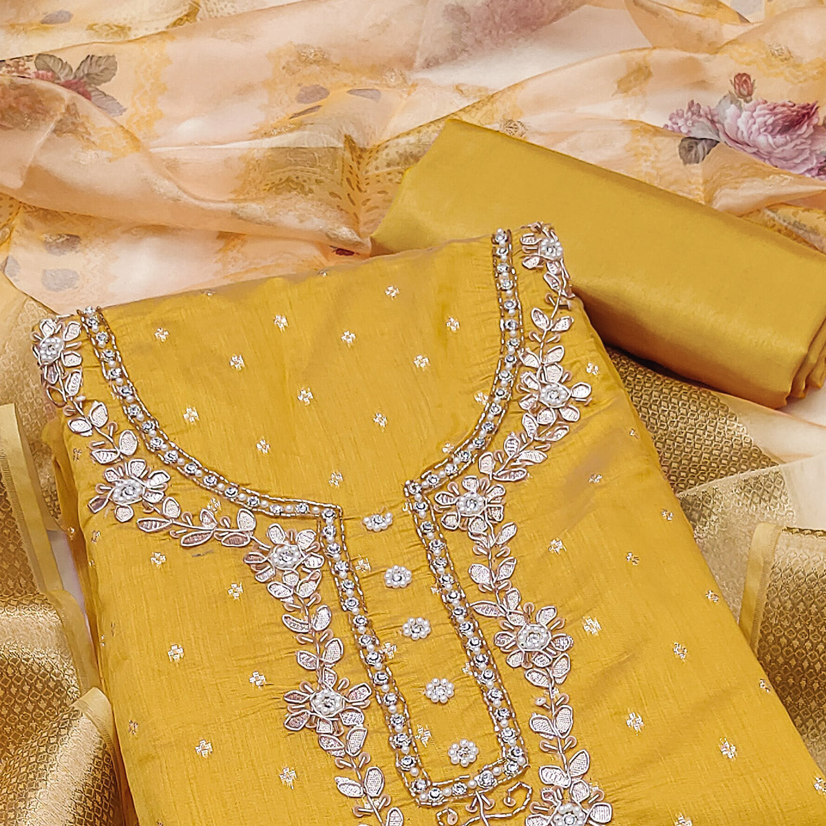Yellow Floral Moti With Gota Patti Handwork Banaarasi Silk Dress Material