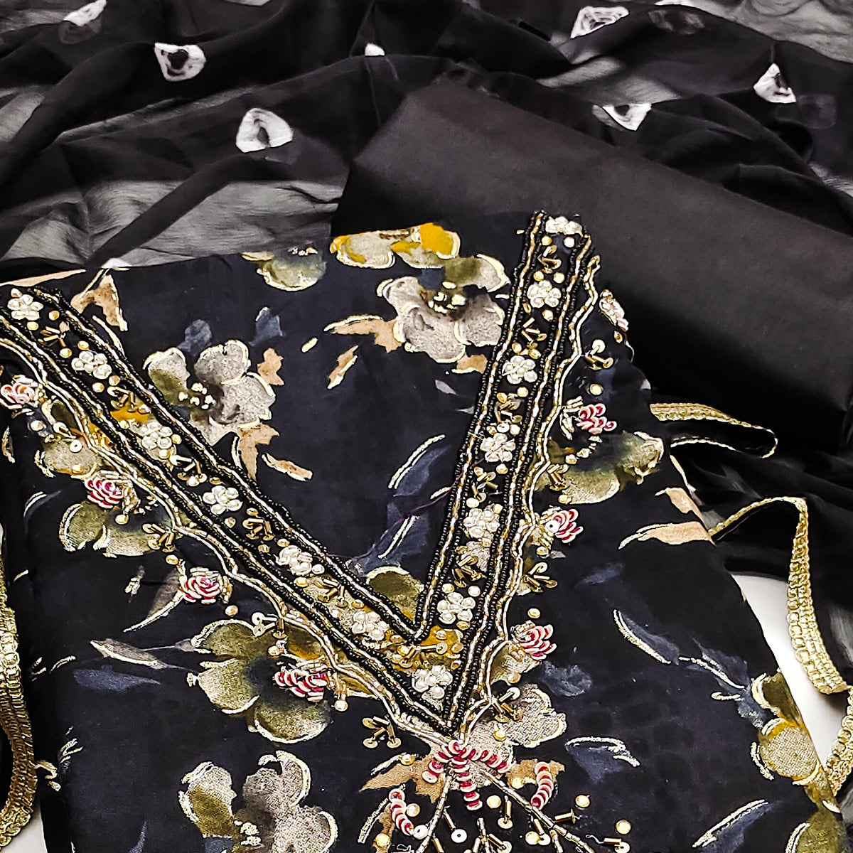 Black Floral Printed With Handwork Pure Cotton Dress Material