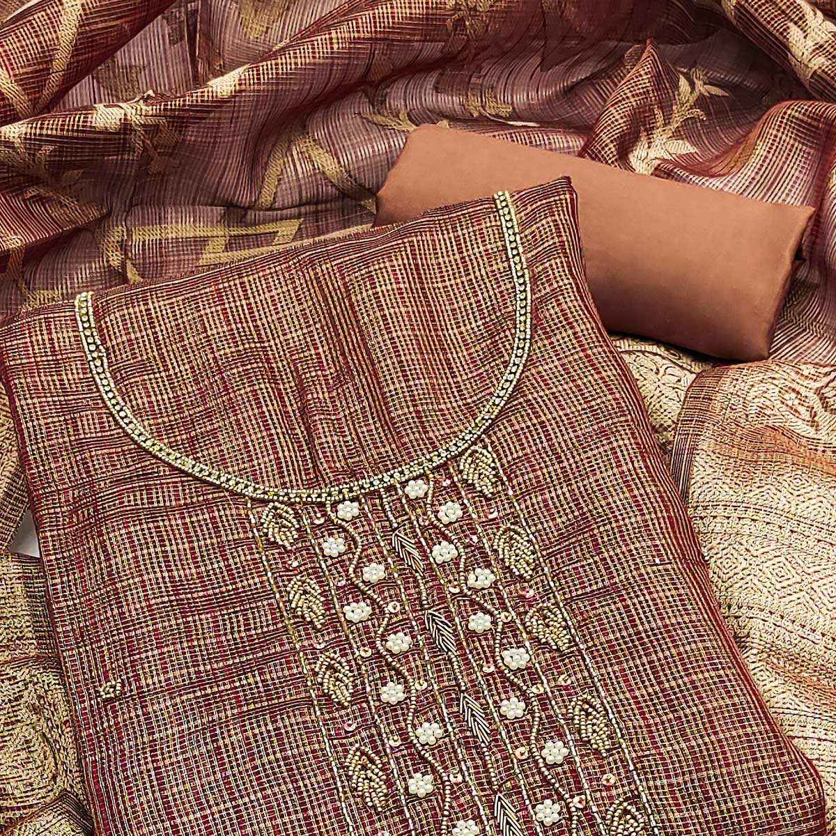 Brown Floral Handwork With Woven Viscose Dress Material