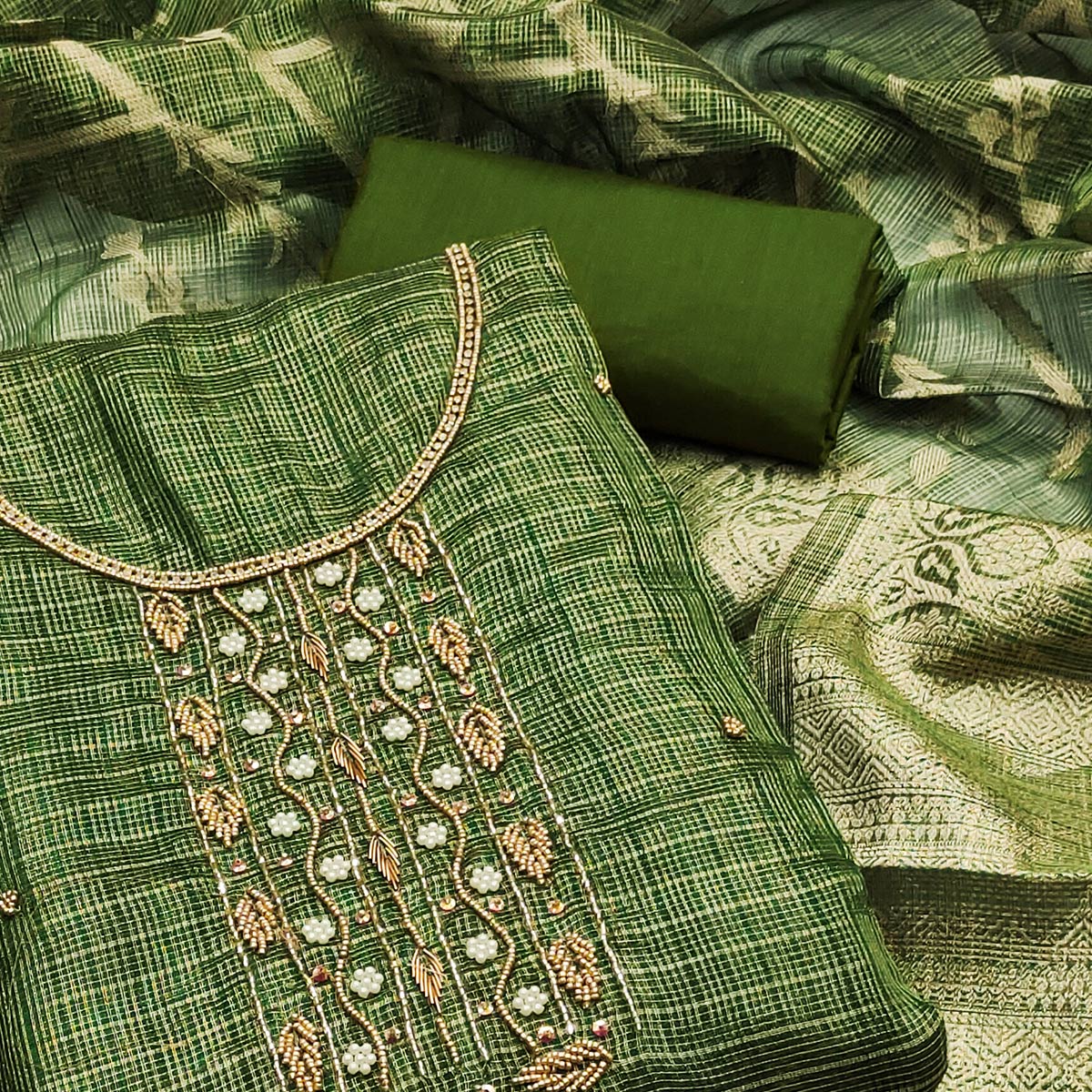 Green Floral Handwork With Woven Viscose Dress Material